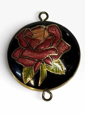 Vintage CLOISONNE Double Sided & Double Bail Round Black & Pink Rose Pendant 1"